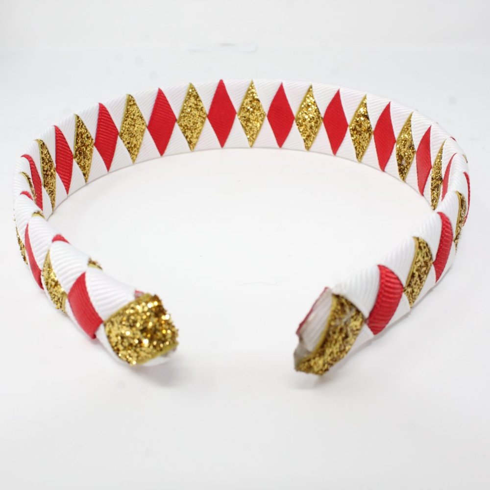 Handmade Diamond Pattern Red Glitter Gold White Double Ribbon Headband SF 49ers - Picture 3 of 4